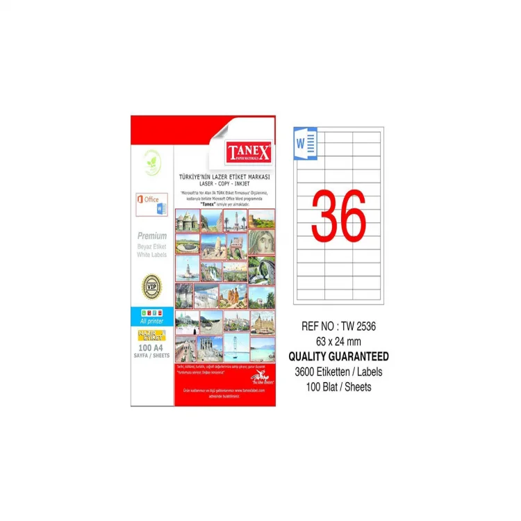 Tanex Lazer Etiket Tw-2536 63*24 Mm Beyaz 100lü