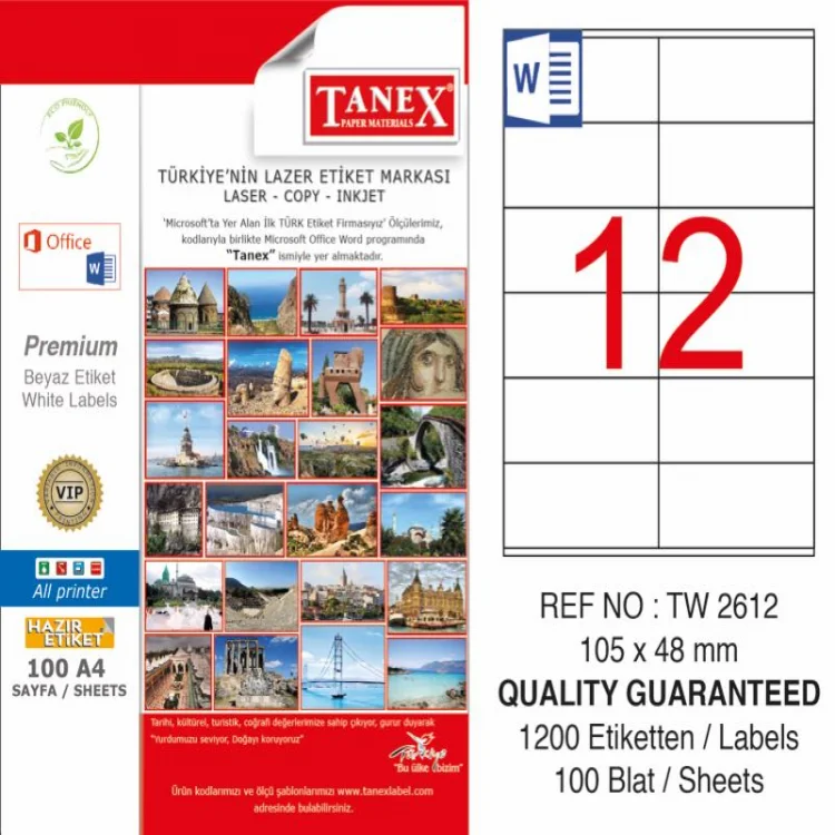 Tanex Lazer Etiket Tw-2612 105*48 Mm Beyaz 100lü