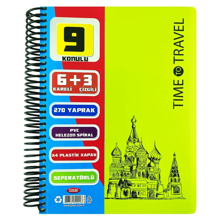 Tokaç Ayraçlı Defter 6+3 Pp Kapak Spiralli 9 Bölmeli 270 Yaprak 70 Gram Tok-79044