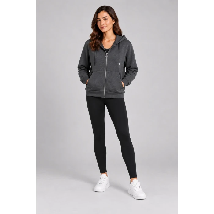 Üç İplik Kapüşonlu Fermuarlı Sweatshirt
