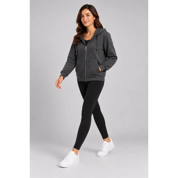Üç İplik Kapüşonlu Fermuarlı Sweatshirt