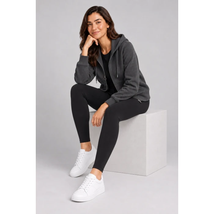 Üç İplik Kapüşonlu Fermuarlı Sweatshirt