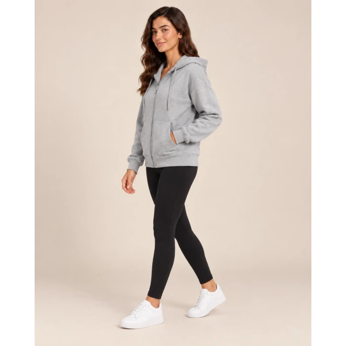 Üç İplik Kapüşonlu Fermuarlı Sweatshirt