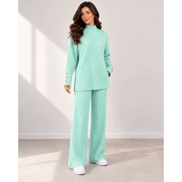 Serena Gold Düğme Detaylı Fitilli Triko Takım