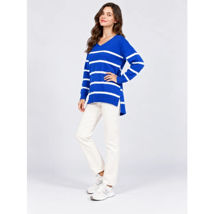 Mira V Yaka Çizgili Oversize Triko Kazak