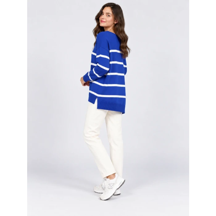 Mira V Yaka Çizgili Oversize Triko Kazak