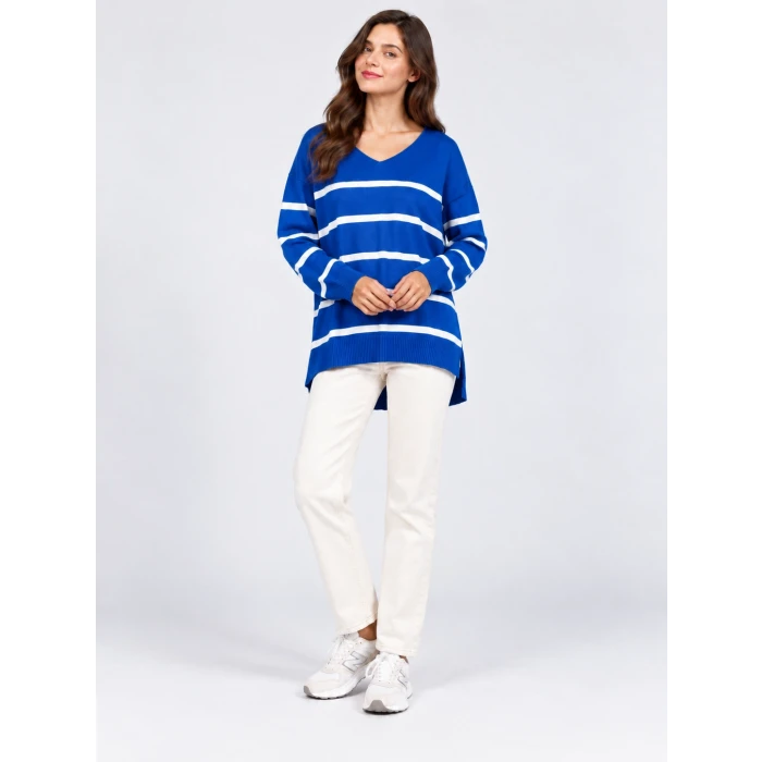 Mira V Yaka Çizgili Oversize Triko Kazak