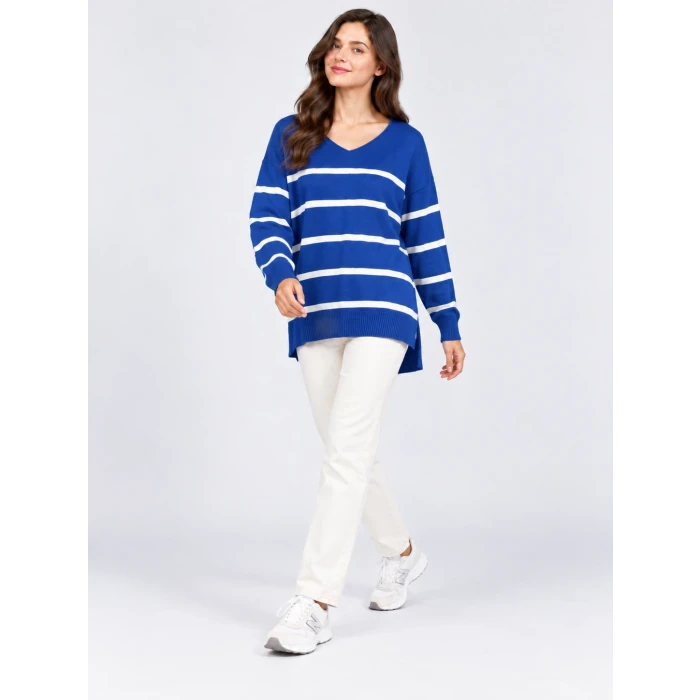 Mira V Yaka Çizgili Oversize Triko Kazak