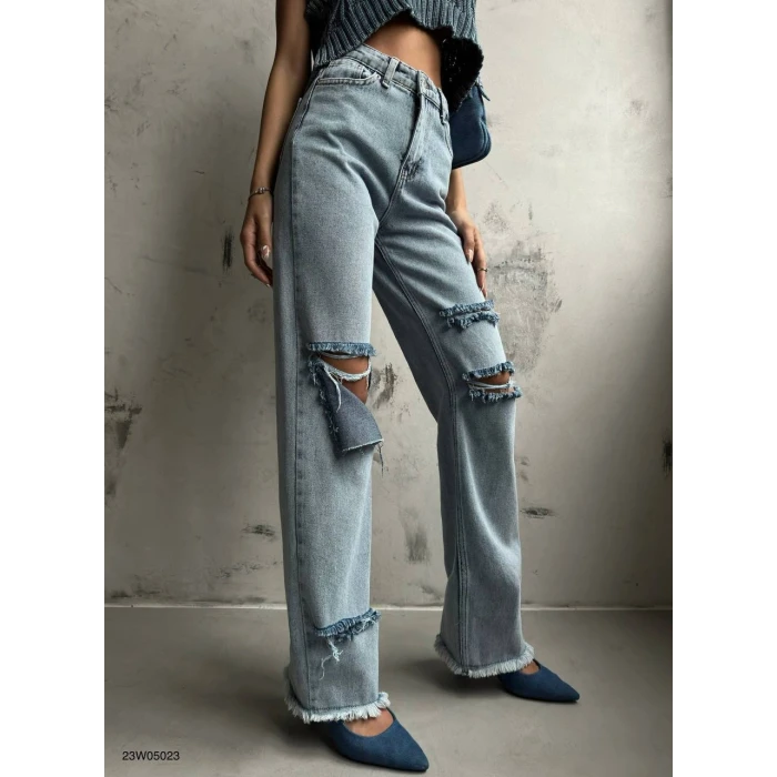 Riva Yırtık Detaylı Wide Leg Kot Pantolon