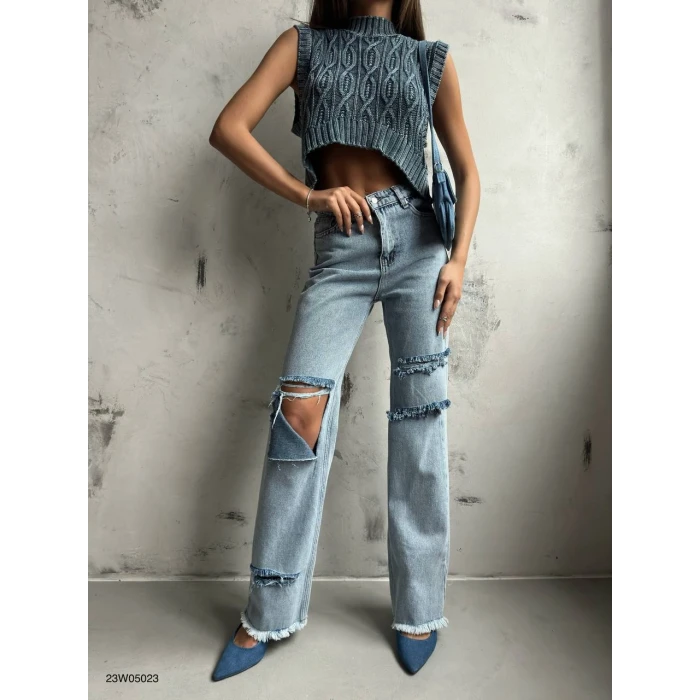 Riva Yırtık Detaylı Wide Leg Kot Pantolon
