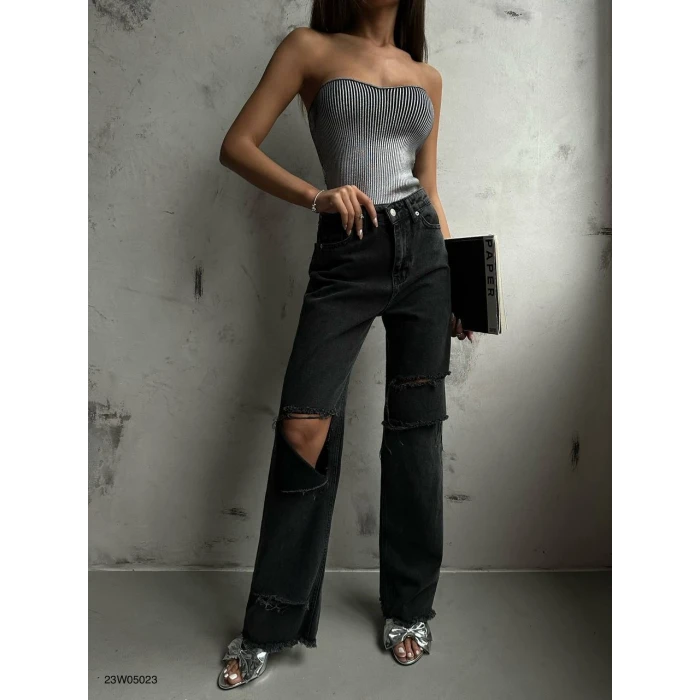 Riva Yırtık Detaylı Wide Leg Kot Pantolon