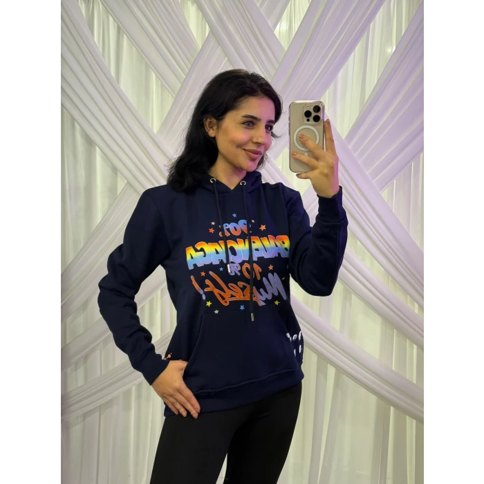 Renkli Baskılı Kapüşonlu Sweatshirt