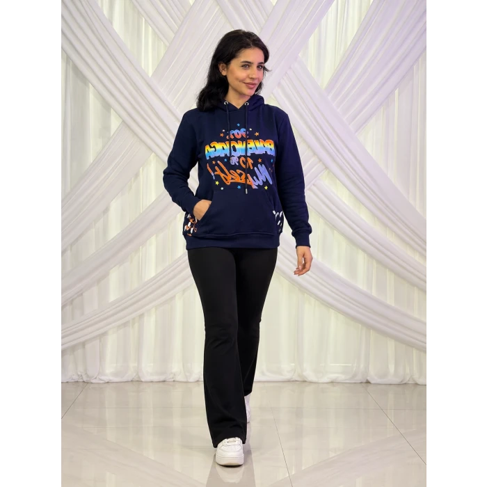 Renkli Baskılı Kapüşonlu Sweatshirt