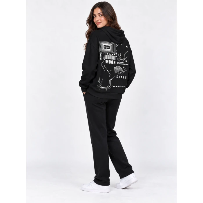 Moon Style Sırt Baskılı Kapüşonlu Sweatshirt