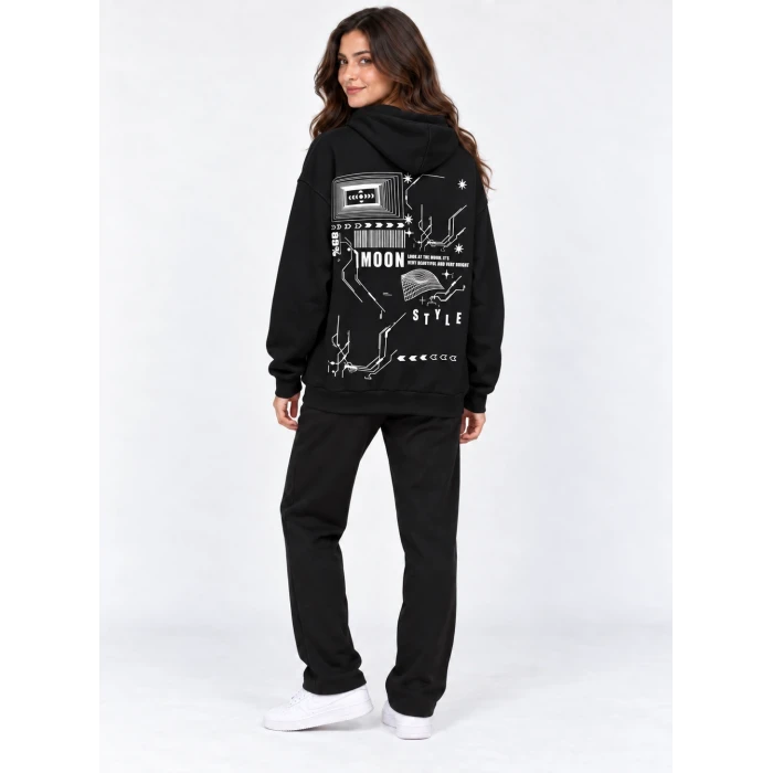 Moon Style Sırt Baskılı Kapüşonlu Sweatshirt