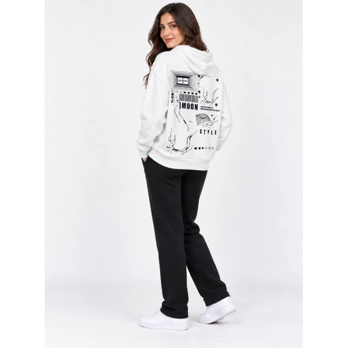 Moon Style Sırt Baskılı Kapüşonlu Sweatshirt