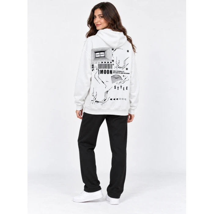 Moon Style Sırt Baskılı Kapüşonlu Sweatshirt