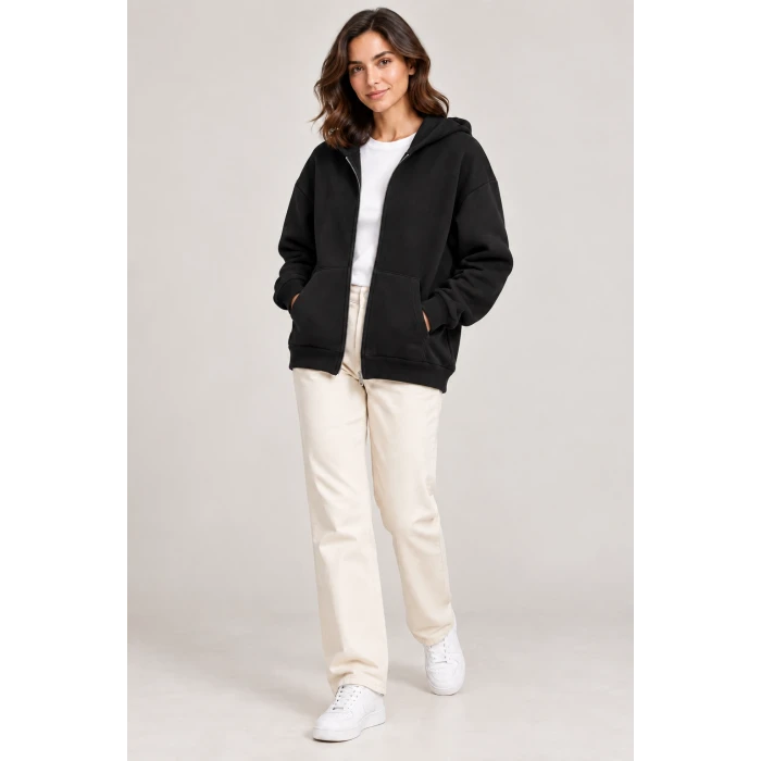 Fermuarlı Kapüşonlu Oversize Sweatshirt