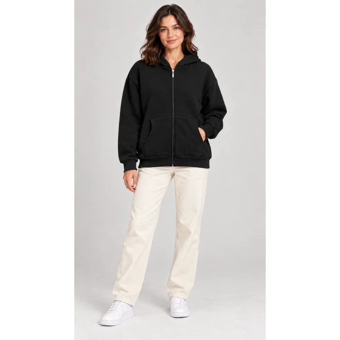 Fermuarlı Kapüşonlu Oversize Sweatshirt