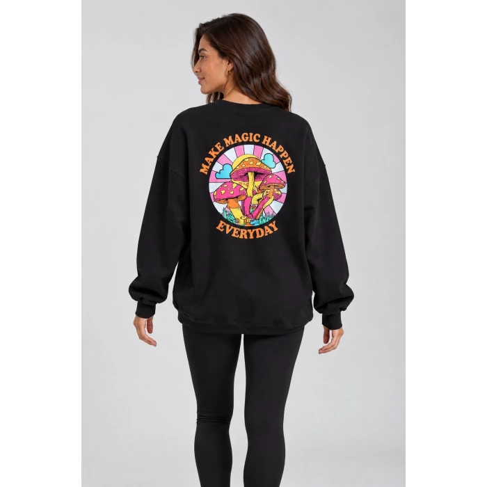 Mantar Baskılı Siyah Şardonlu Sweatshirt