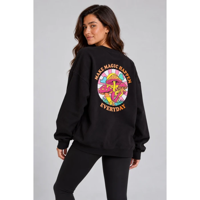 Mantar Baskılı Siyah Şardonlu Sweatshirt