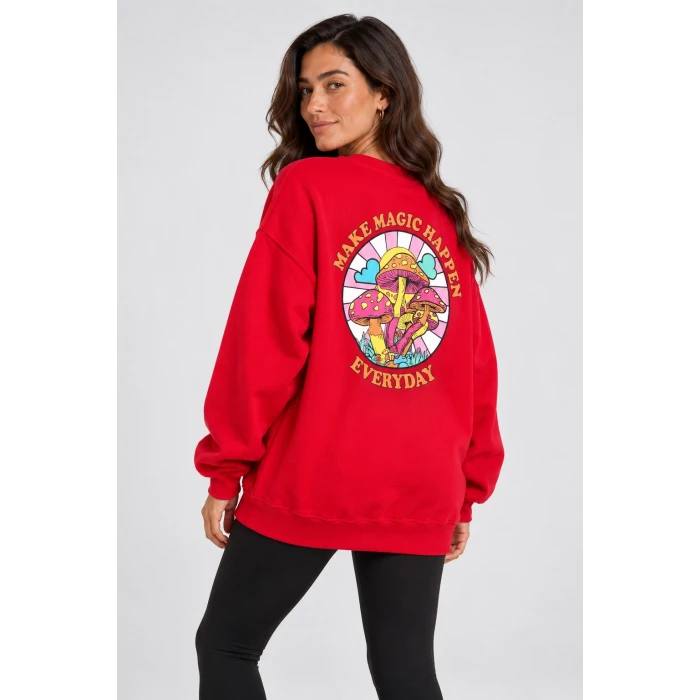 Mantar Baskılı Siyah Şardonlu Sweatshirt