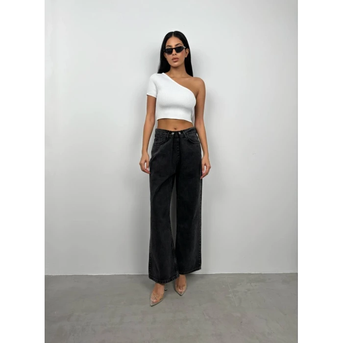 Çift Düğmeli Düşük Bel Wide Leg Jean