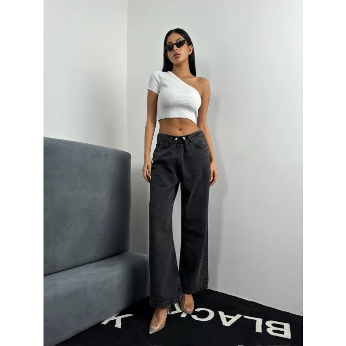 Çift Düğmeli Düşük Bel Wide Leg Jean
