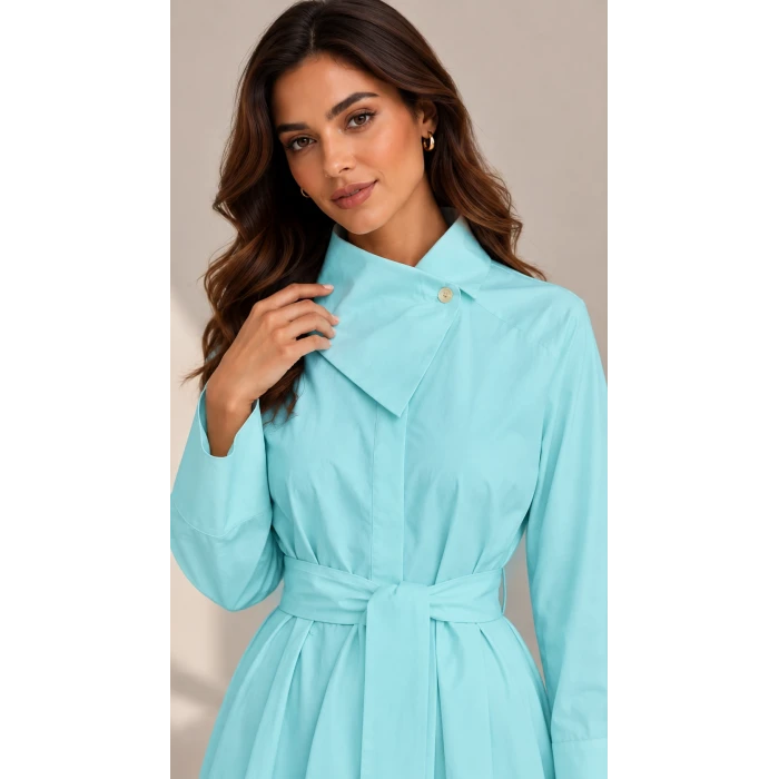 Düğmeli Kemerli Poplin Tesettür Elbise