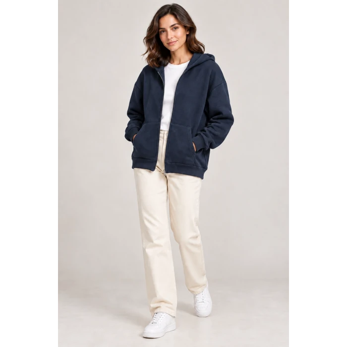 Fermuarlı Kapüşonlu Oversize Sweatshirt
