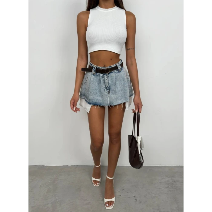 Luna Kemerli Pileli Denim Mini Etek