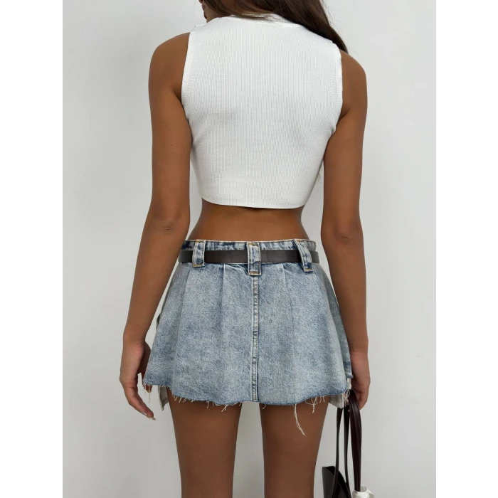 Luna Kemerli Pileli Denim Mini Etek