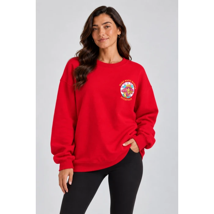 Mantar Baskılı Siyah Şardonlu Sweatshirt