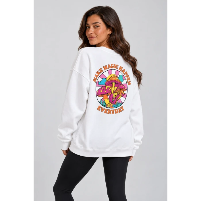 Mantar Baskılı Siyah Şardonlu Sweatshirt