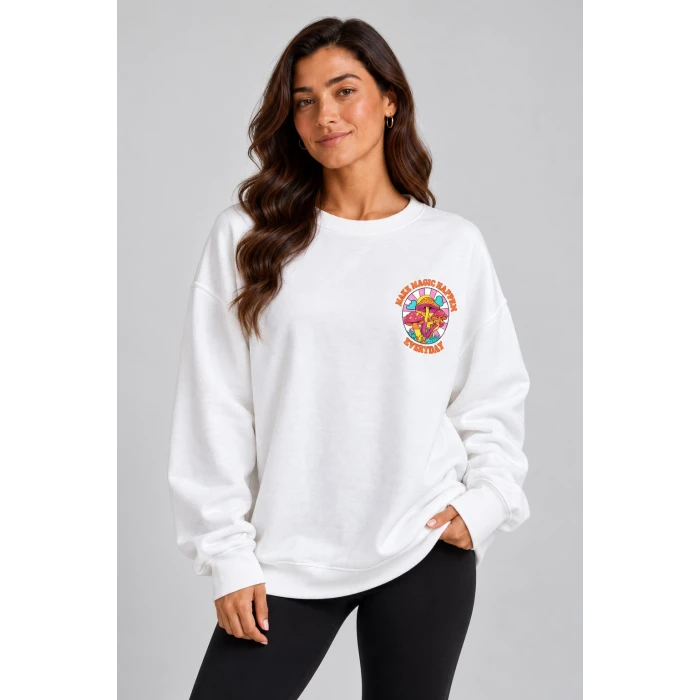 Mantar Baskılı Siyah Şardonlu Sweatshirt