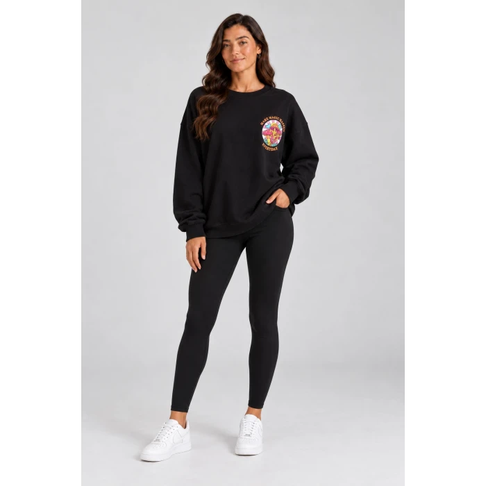 Mantar Baskılı Siyah Şardonlu Sweatshirt