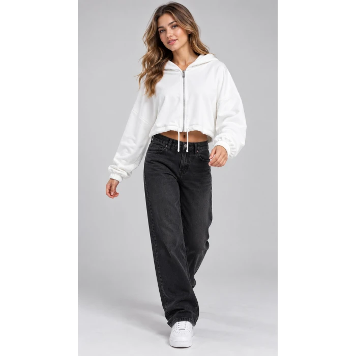 Sırt Baskılı Fermuarlı Crop Sweatshirt