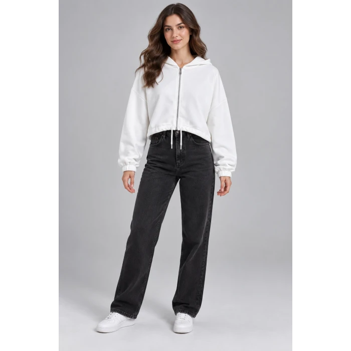 Sırt Baskılı Fermuarlı Crop Sweatshirt