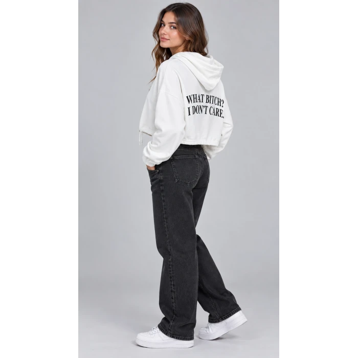 Sırt Baskılı Fermuarlı Crop Sweatshirt