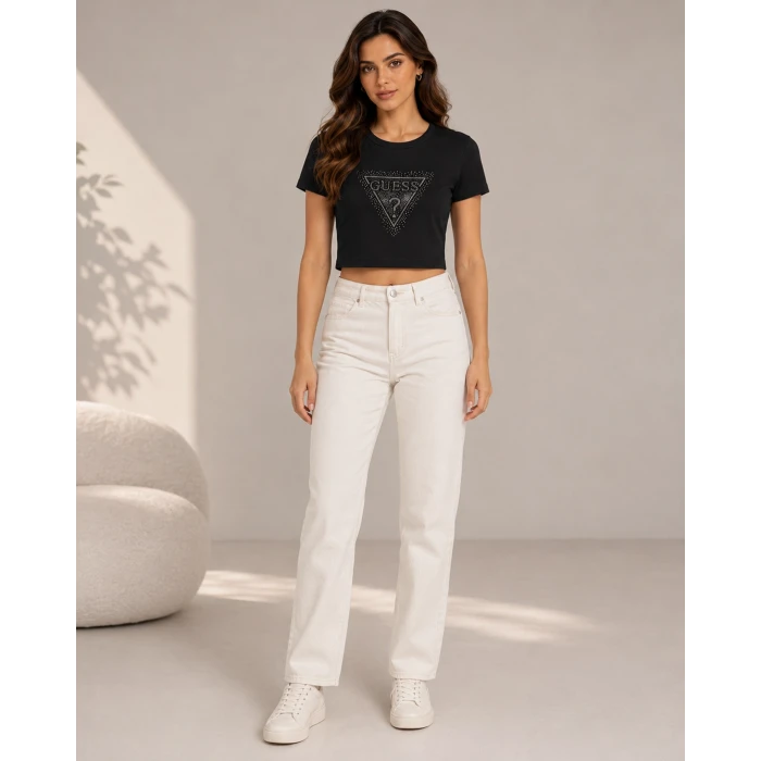 Taş Baskılı Kısa Kollu Crop Tshirt