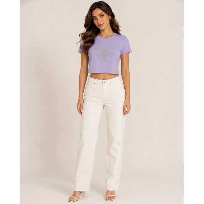 Taş Baskılı Kısa Kollu Crop Tshirt