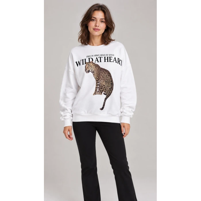 Wild Heart Leopar Baskılı Oversize Sweatshirt