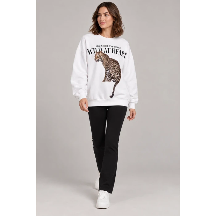 Wild Heart Leopar Baskılı Oversize Sweatshirt
