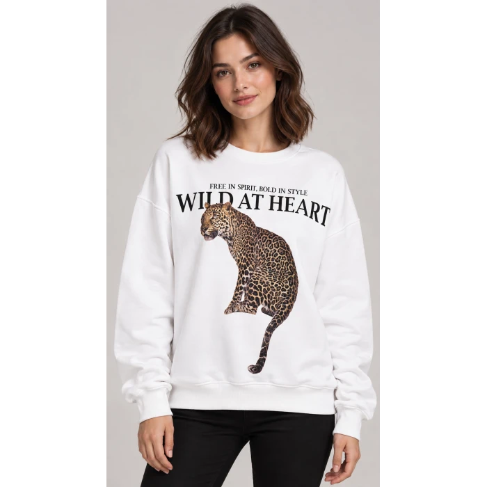 Wild Heart Leopar Baskılı Oversize Sweatshirt