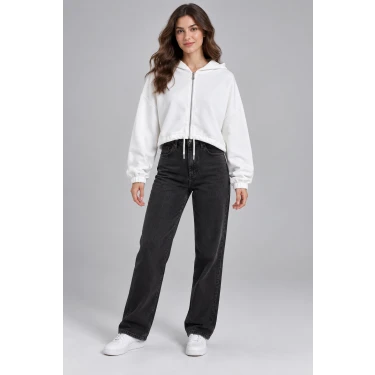 Sırt Baskılı Fermuarlı Crop Sweatshirt