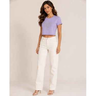 Taş Baskılı Kısa Kollu Crop Tshirt