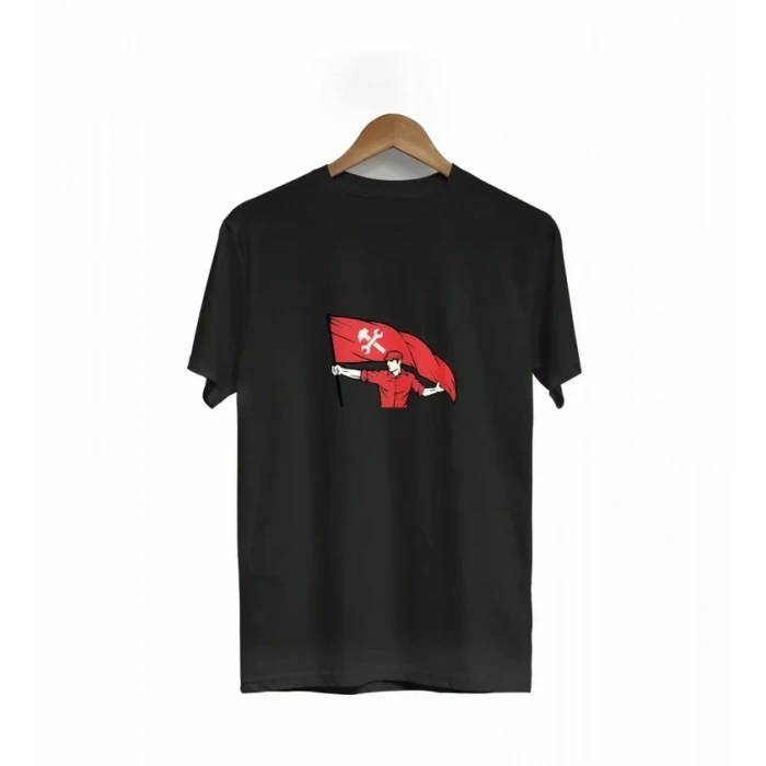 1 Mayıs Emek Ve Dayanışma Bayraklı Emekçi Baskılı Bisiklet Yaka T-shirt - Siyah