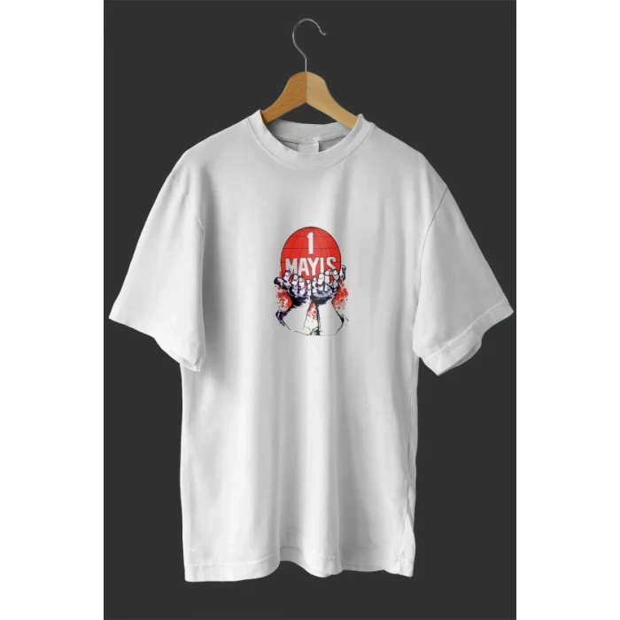 1 Mayıs Emek Ve Dayanışma Günü Baskılı Oversize Bisiklet Yaka T-shirt - Beyaz