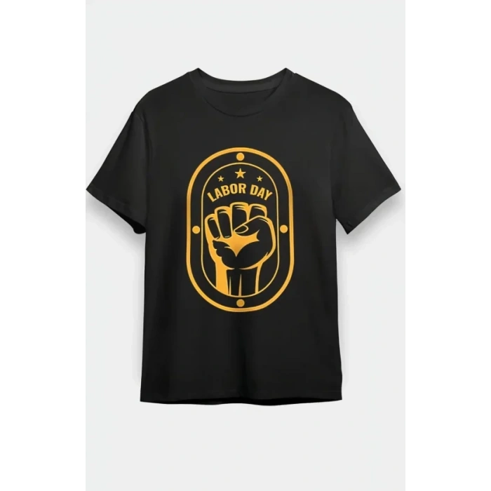 1 Mayıs Labor Day Emekçi Temalı Baskılı Oversize Bisiklet Yaka T-shirt - Siyah