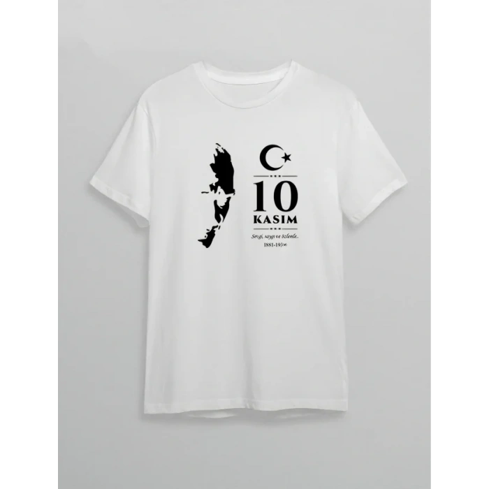 10 Kasım Atatürk Anma Günü Silüet Baskılı Oversize Bisiklet Yaka T-shirt - Beyaz